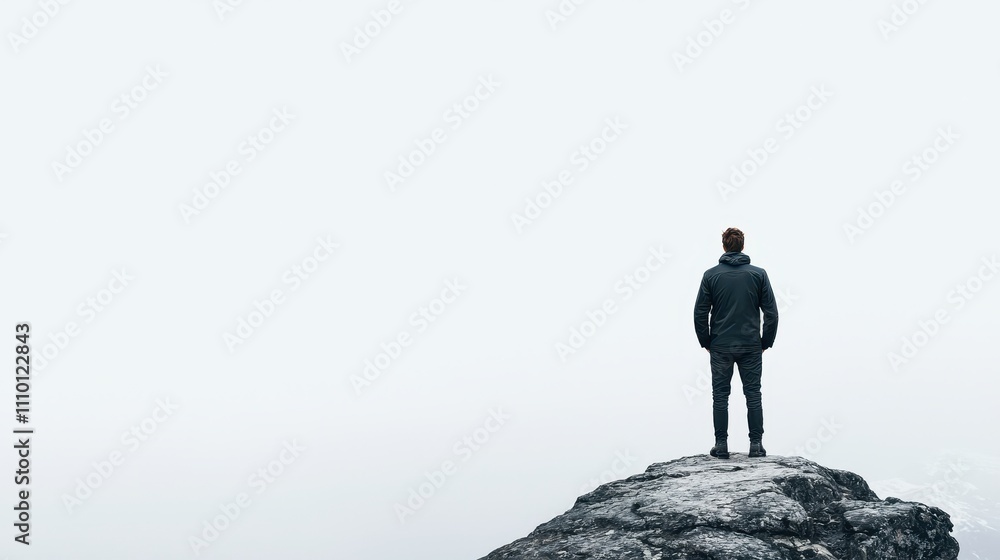 Solo Traveler Standing on Rock Overlooking Misty Landscape Solo Traveler Standing on Rock Overlooking Misty Landscape