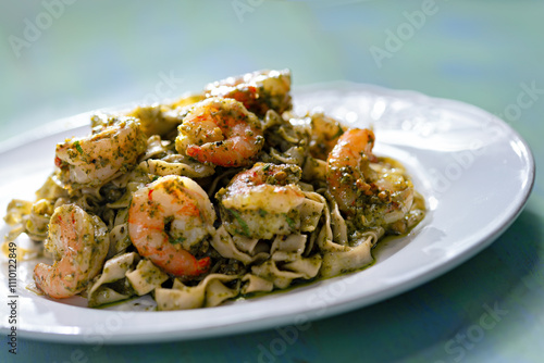 seafood pasta in pesto sauce