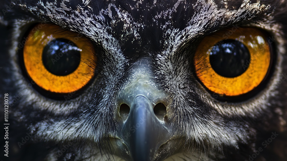 Close-up of an owl's intense orange eyes and dark feathers. Close-up of an owl's intense orange eyes and dark feathers.