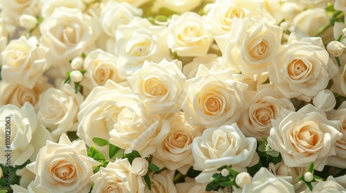 A stunning bouquet of white roses with green leaves