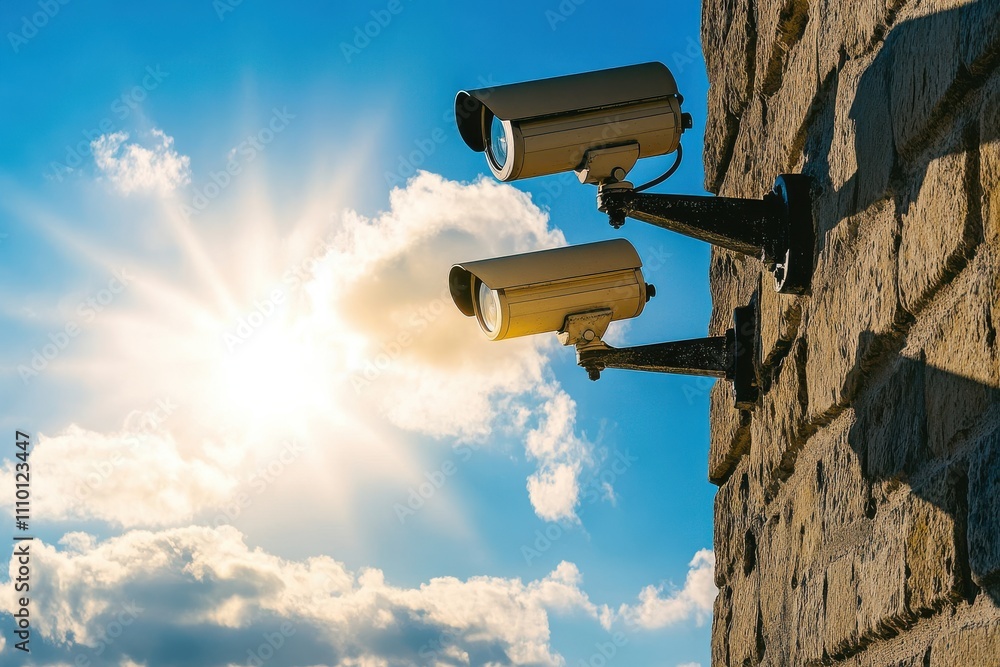 Outdoor Security Cameras on a Stone Wall with a Bright Sun and Cloudy Sky, Representing Surveillance, Safety, and Modern Technology in Urban Environments Outdoor Security Cameras on a Stone Wall with a Bright Sun and Cloudy Sky, Representing Surveillance, Safety, and Modern Technology in Urban Environments