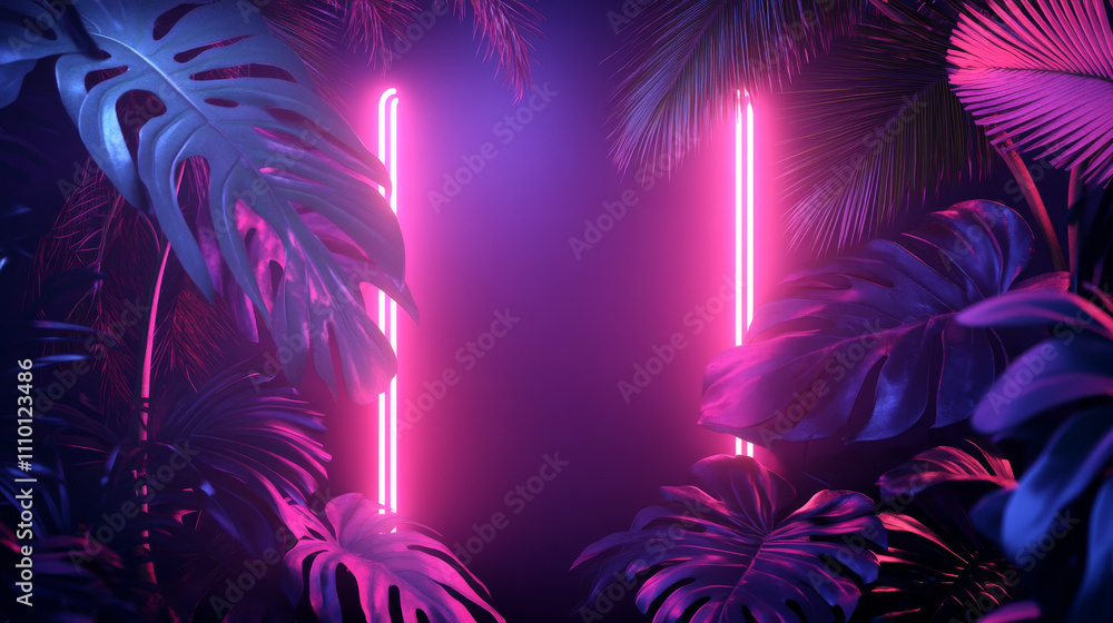 Tropic summer party banner template. Vector realistic illustration of neon light rectangle and exotic rainforest plants on black background, palm tree and monstera leaves, nightclub disco poster Tropic summer party banner template. Vector realistic illustration of neon light rectangle and exotic rainforest plants on black background, palm tree and monstera leaves, nightclub disco poster