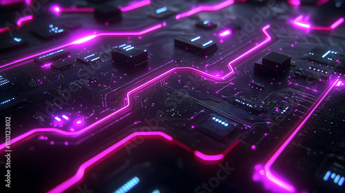 Close-up of a glowing circuit board with pink neon lights.