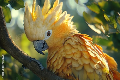 A vibrant yellow-crested cockatoo perches on a tree branch, an endimic native of Australia, up close and beautiful. photo