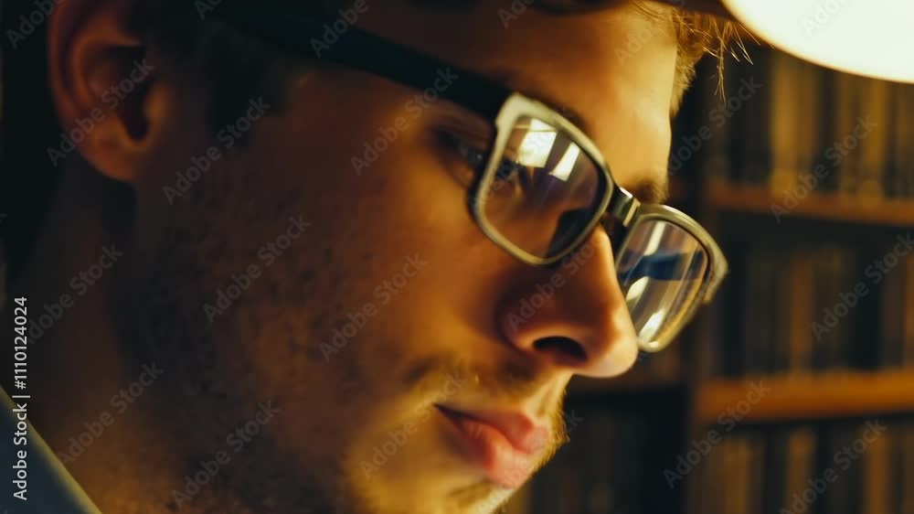 Caucasian male student with eyeglasses reading the book in a library. Library's quiet setting provides the perfect backdrop for a young man with eyeglasses, his gaze fixed on the contents of a book. Caucasian male student with eyeglasses reading the book in a library. Library's quiet setting provides the perfect backdrop for a young man with eyeglasses, his gaze fixed on the contents of a book.