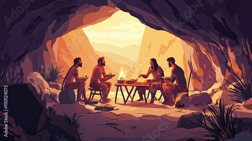 Ancient Cave Dwellers Share Evening Meal Together photo