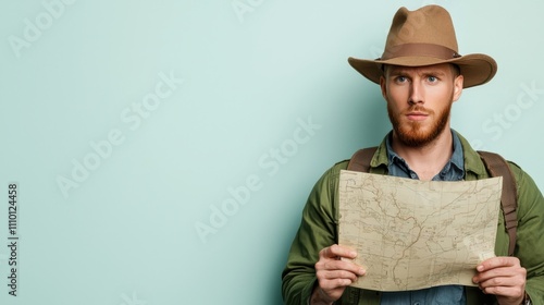 Adventurous Man Holding Map Against a Light Blue Background photo