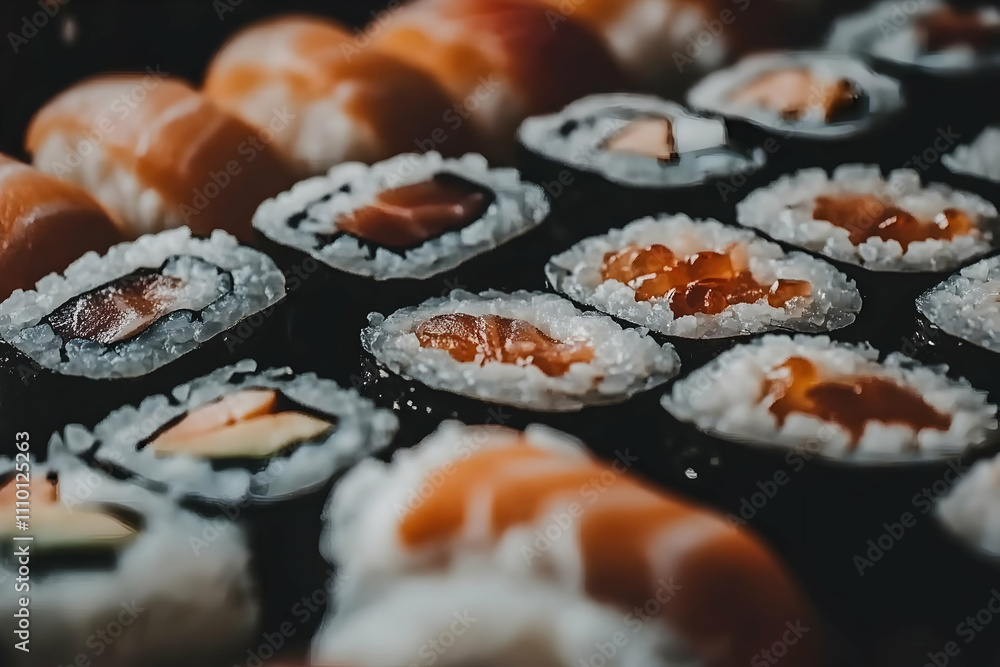 Close-up of assorted sushi pieces, including maki and nigiri, arranged on a dark surface. Close-up of assorted sushi pieces, including maki and nigiri, arranged on a dark surface.