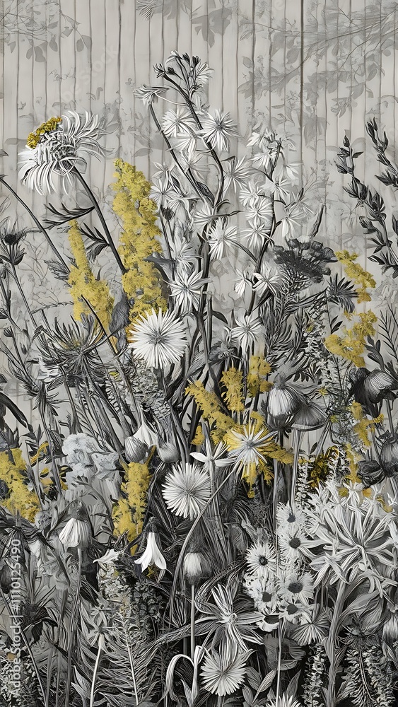 Obraz premium Vector Wildflowers floral botanical flowers. Wild spring leaf wildflower isolated. Black and white engraved ink art. Seamless background pattern. Fabric wallpaper print texture.