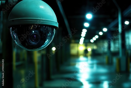 Surveillance Camera Monitoring Dark Industrial Space With Reflections and Ambient Light in Background, Symbolizing Security and Safety Measures in Public Areas