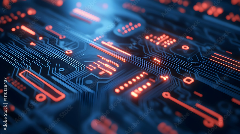 Close-up of illuminated circuit board with intricate pathways and glowing components. Close-up of illuminated circuit board with intricate pathways and glowing components.