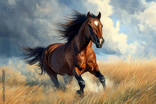 Wild horses running in the middle of dry savanna grass, close up photo, dashing and strong wild horses with black brown color.