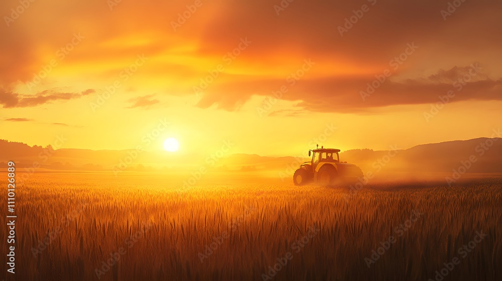 Tractor working in a wheat field at sunset. Tractor working in a wheat field at sunset.