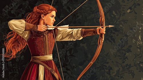 Red haired archer woman aiming with a longbow