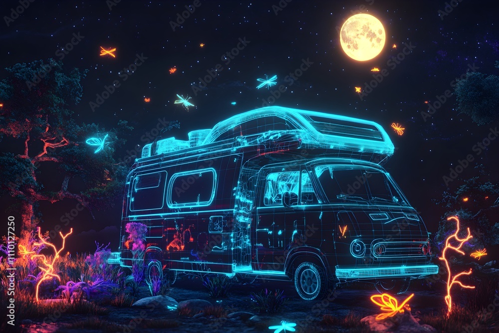 A striking image of a camper van illuminated by neon lights beneath the radiant moonlight, accompanied by glowing fireflies in the night sky. A striking image of a camper van illuminated by neon lights beneath the radiant moonlight, accompanied by glowing fireflies in the night sky.