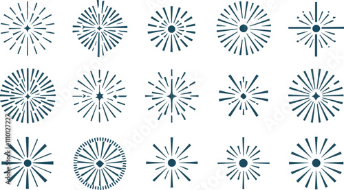 Set of various firework icons designs on a bright white
background