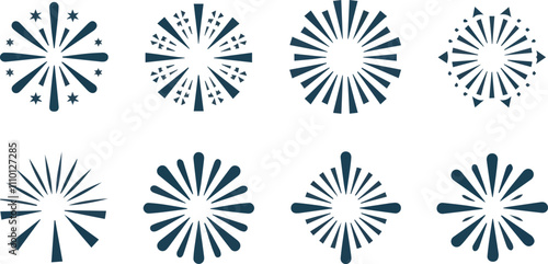 Set of various firework icons designs on a bright white
background