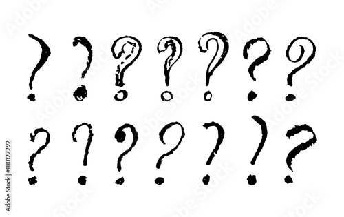 Question mark symbols set. Black pencil school kid handwritten ask signs. Icon collection to highlight an important question in a quiz or questionnaire. Vector sketch or graffiti style question marks.