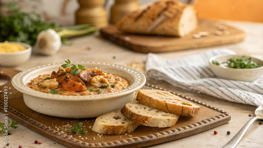Traditional Açorda dish served with bread and garnished with fresh herbs Traditional Açorda dish served with bread and garnished with fresh herbs
