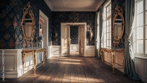 Beautiful interior, wallpaper, wooden floor, gold ornate frames