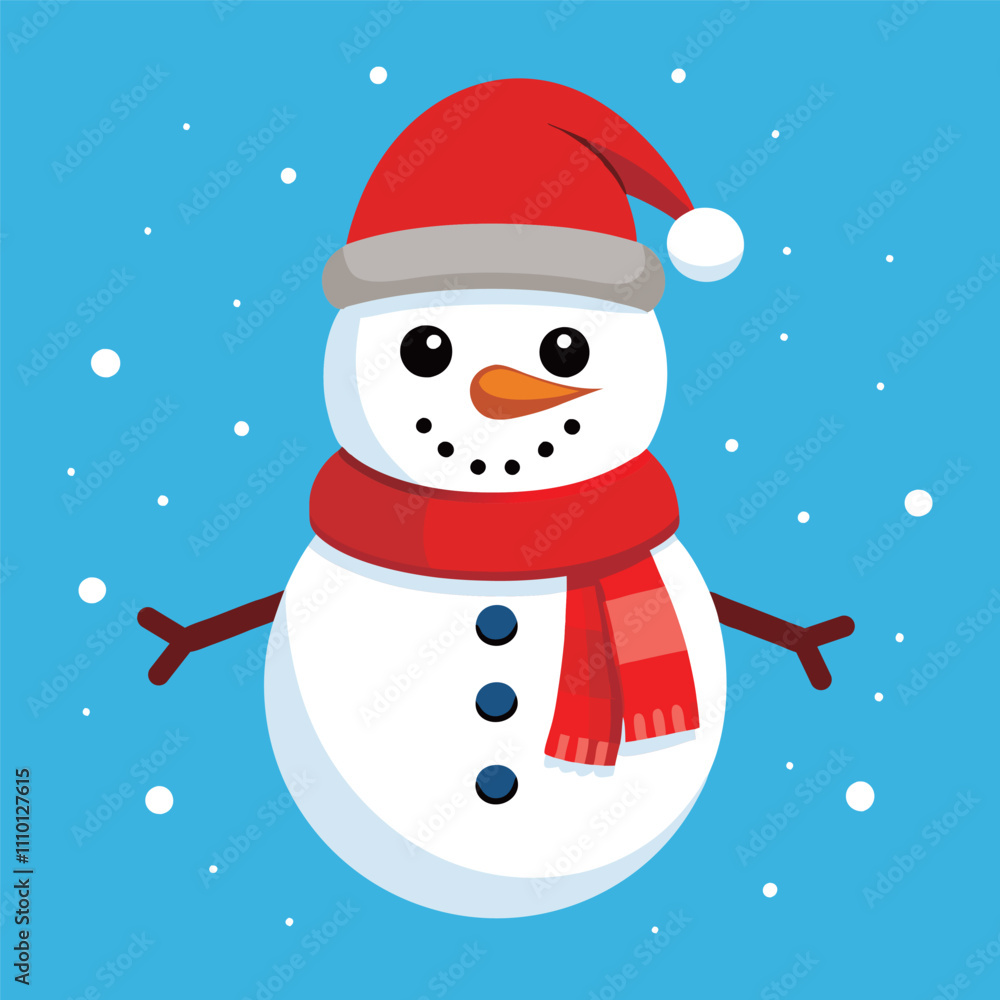 Fototapeta premium cute snowman wearing a Christmas hat and red scarf on blue background