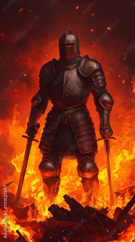 Fototapeta premium Fierce Knight in Dark Armor Standing Amidst Fiery Flames and Ashes