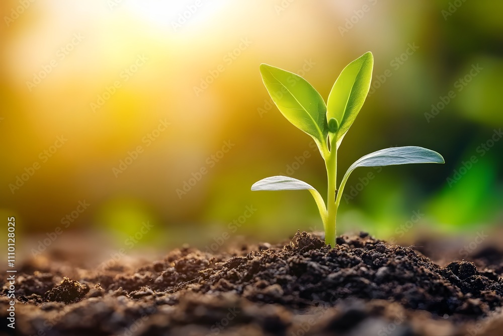 Small green plant is growing in the dirt. The plant is small and has a lot of leaves Small green plant is growing in the dirt. The plant is small and has a lot of leaves
