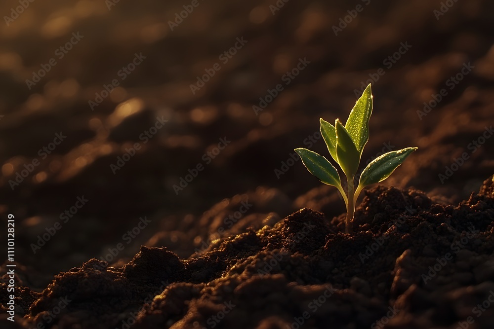 Small green plant is growing in the dirt. The plant is small and has a lot of leaves Small green plant is growing in the dirt. The plant is small and has a lot of leaves