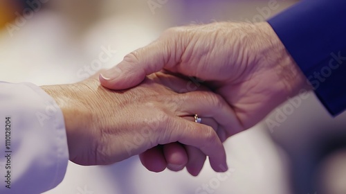 Close-up of two elderly hands gently holding each other, showing comfort and support.