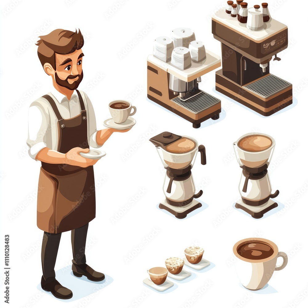 Barista serving coffee with equipment. Barista serving coffee with equipment.