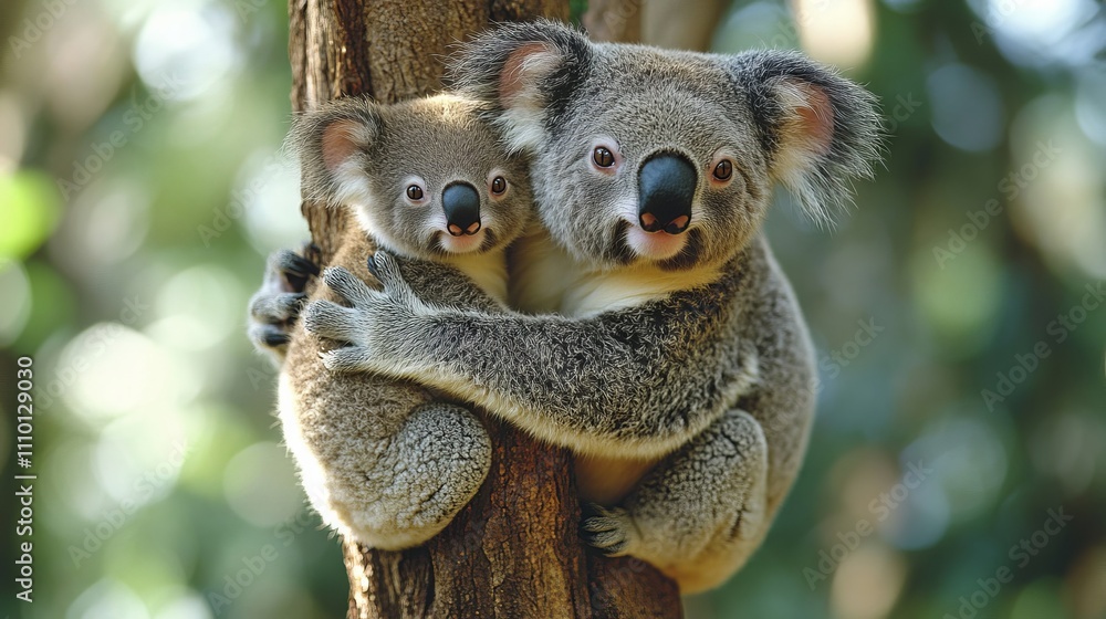 Obraz premium Mother Koala and Baby Clinging to Eucalyptus Tree