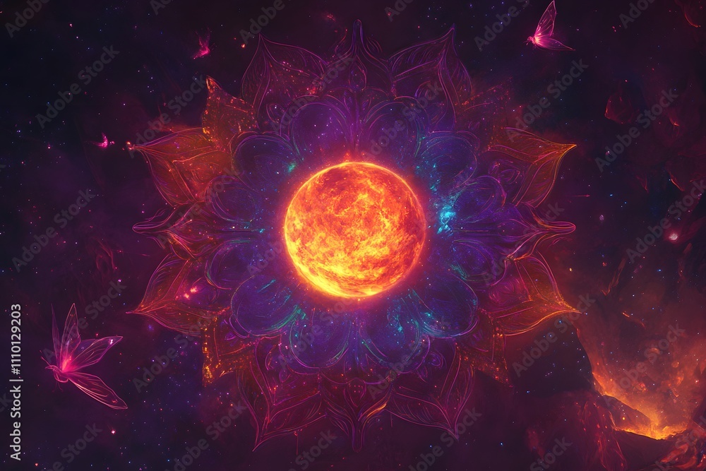 Fototapeta premium Fantasy flower. Abstract fractal mandala on black background. Digital artwork in purple and blue colors. 3D render. 