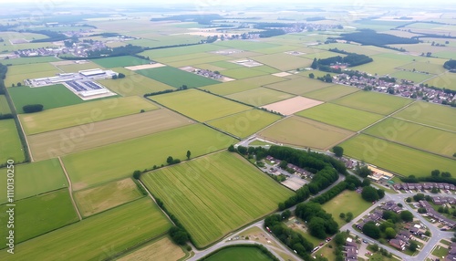 Aerial View Agricultural Fields Residential Areas and Industrial Park. Roads connect the diverse land uses.