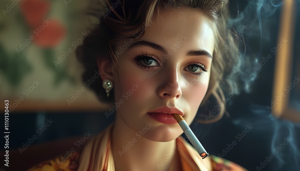 Fototapeta premium Candid portrait of a young woman smoking vintage setting lifestyle photography intimate atmosphere close-up view reflecting inner emotions