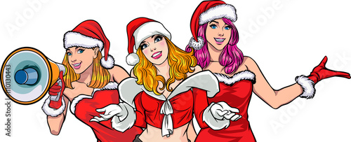Merry christmas, happy new year Santa Claus and Beautiful woman showing pop art comics style