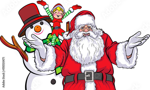 Merry christmas, happy new year Santa Claus and Beautiful woman showing pop art comics style