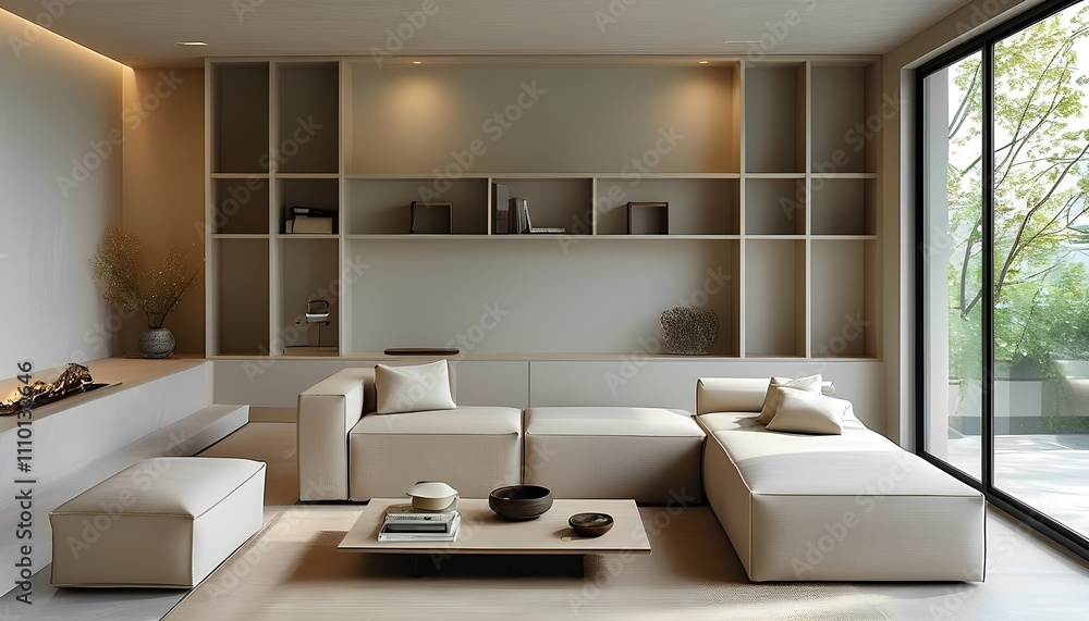 Fototapeta premium Modern minimalist living room design urban apartment interior decor bright and open space contemporary aesthetics