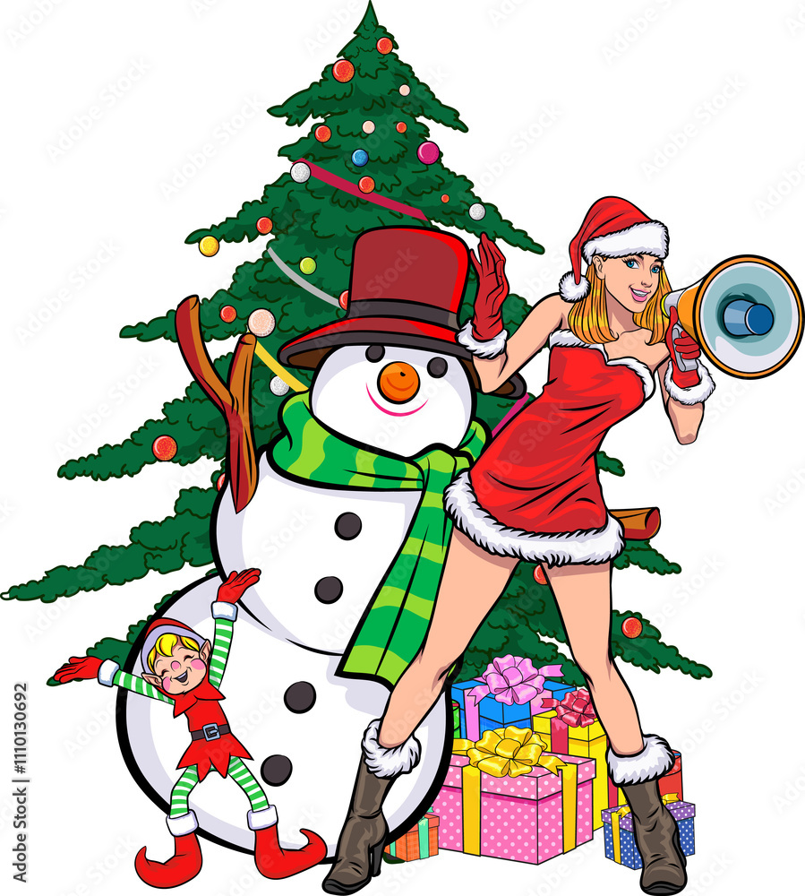 Obraz premium Merry christmas, happy new year Santa Claus and Beautiful woman showing pop art comics style