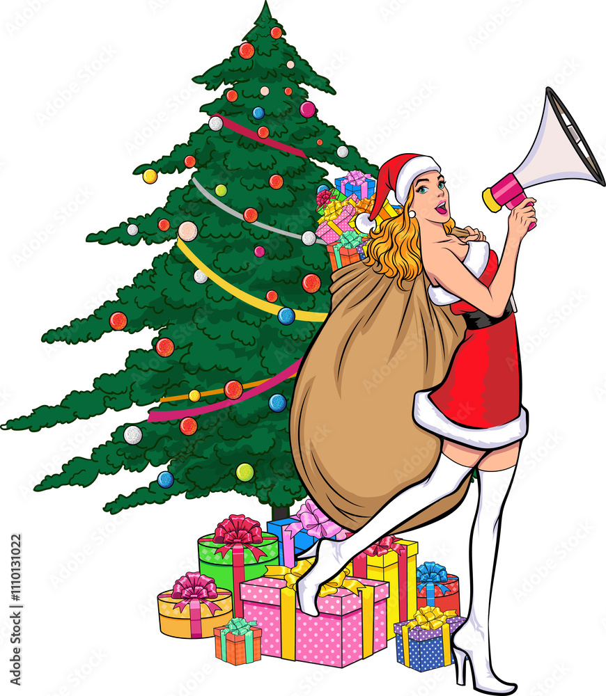 Naklejka premium Merry christmas, happy new year Santa Claus and Beautiful woman showing pop art comics style