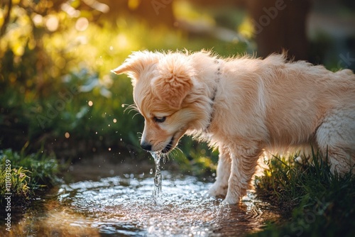 happy little poodle dog playing in garden fountain, shaggy looking carefree, side view and afternoon sun reflection photo