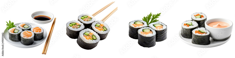 Sushi rolls with spreading sauce, isolated on a white background. Collection PNG. Sushi rolls with spreading sauce, isolated on a white background. Collection PNG.