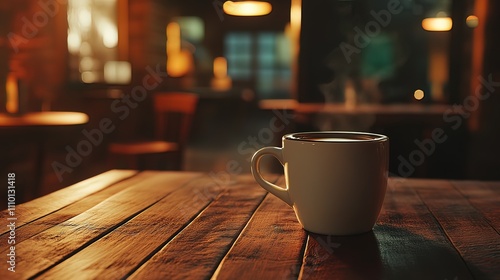 Steaming coffee cup on rustic wooden table in a dimly lit cafe.