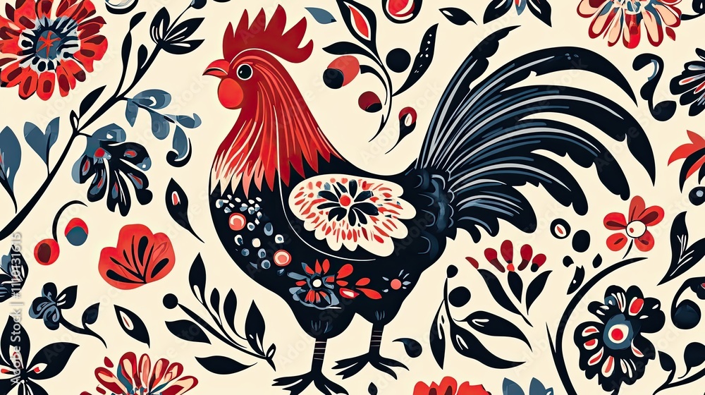 Fototapeta premium Ornate Rooster Amidst Vibrant Floral Design