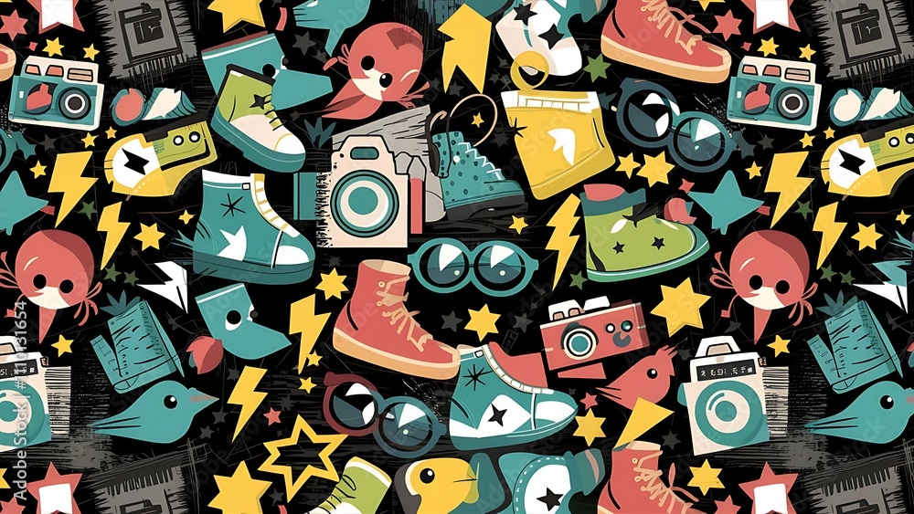 Fototapeta premium Cute grunge abstract pattern. Seamless pattern with shoes, photo cameras, glasses, stars, thunders and birds. Fun pattern for children or teenagers.