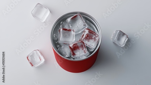 Beverage can with ice cubes for summer refreshment visuals. A top-view design.  photo