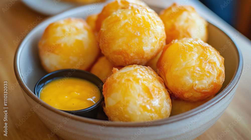 Cheese balls in a bowl with dipping sauce, minimal table setup Cheese balls in a bowl with dipping sauce, minimal table setup
