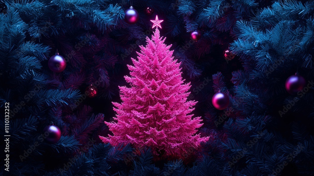 Fototapeta premium Vibrant Pink Christmas Tree Surrounded by Blue and Purple Christmas Ornaments and Pine Branches in a Festive Setting