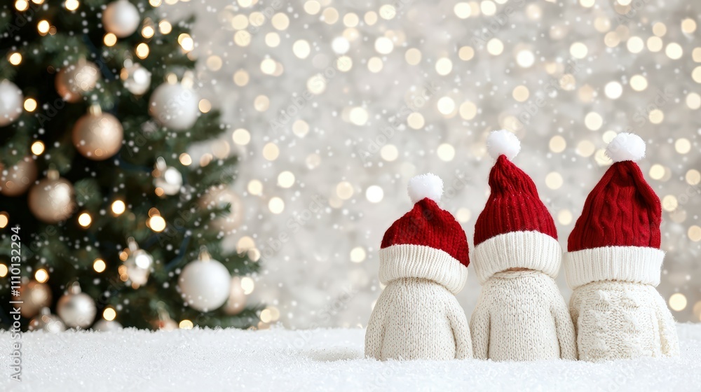 Cozy Christmas Scene with Three Snowman Figurines Wearing Red Hats Against a Bokeh Christmas Tree Background Cozy Christmas Scene with Three Snowman Figurines Wearing Red Hats Against a Bokeh Christmas Tree Background