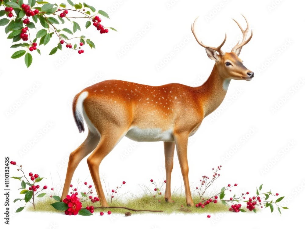 Fototapeta premium A serene stock photo featuring a deer surrounded by vibrant berries on a clean white background, serene, deer, fauna