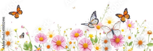 A serene white background adorned with a colorful assortment of flowers and fluttering butterflies, peaceful, white, floral photo